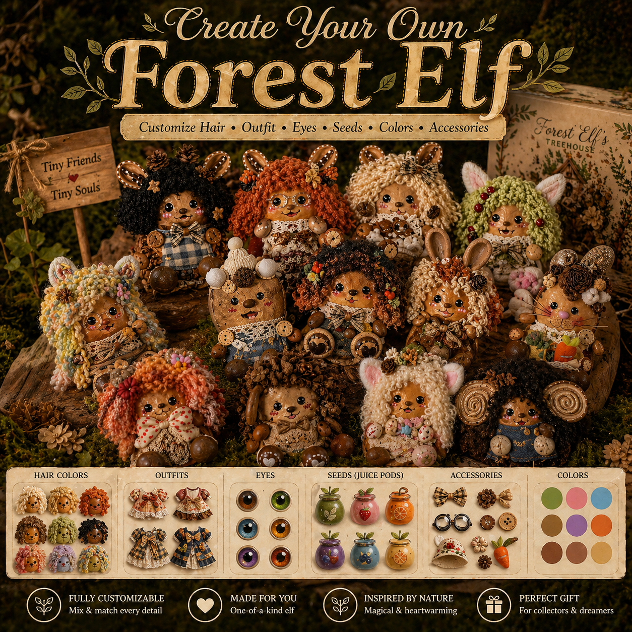Custom Forest Elf Doll – Personalized Handmade Pod Elf Gift | Choose Hair, Outfit & Style