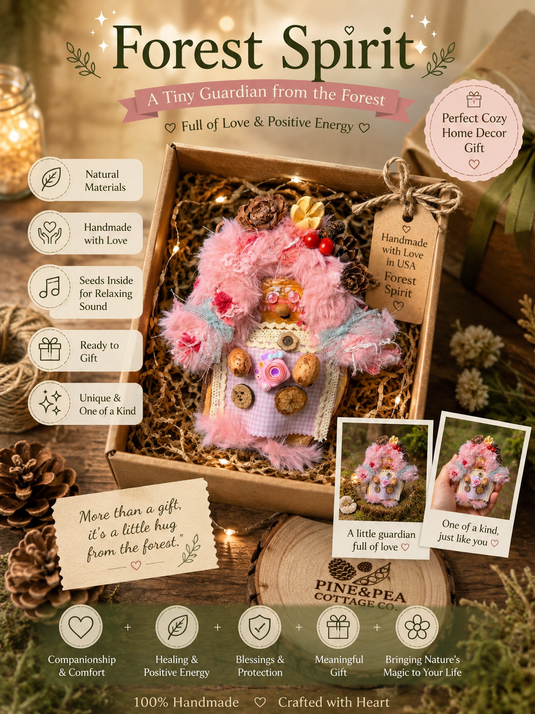 Forest Spirit – Pink Woodland Series | Handmade Giant Botanical Pod Fairy | Cottagecore Nature Decor | Healing Forest Companion Gift