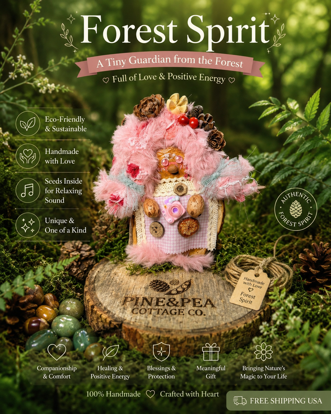 Forest Spirit – Pink Woodland Series | Handmade Giant Botanical Pod Fairy | Cottagecore Nature Decor | Healing Forest Companion Gift